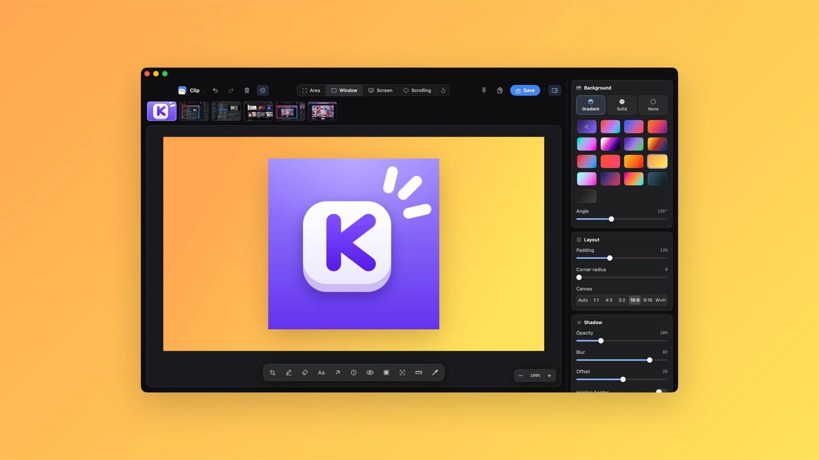 The Clip editor with the gradient picker open and a game website on a pink and blue canvas