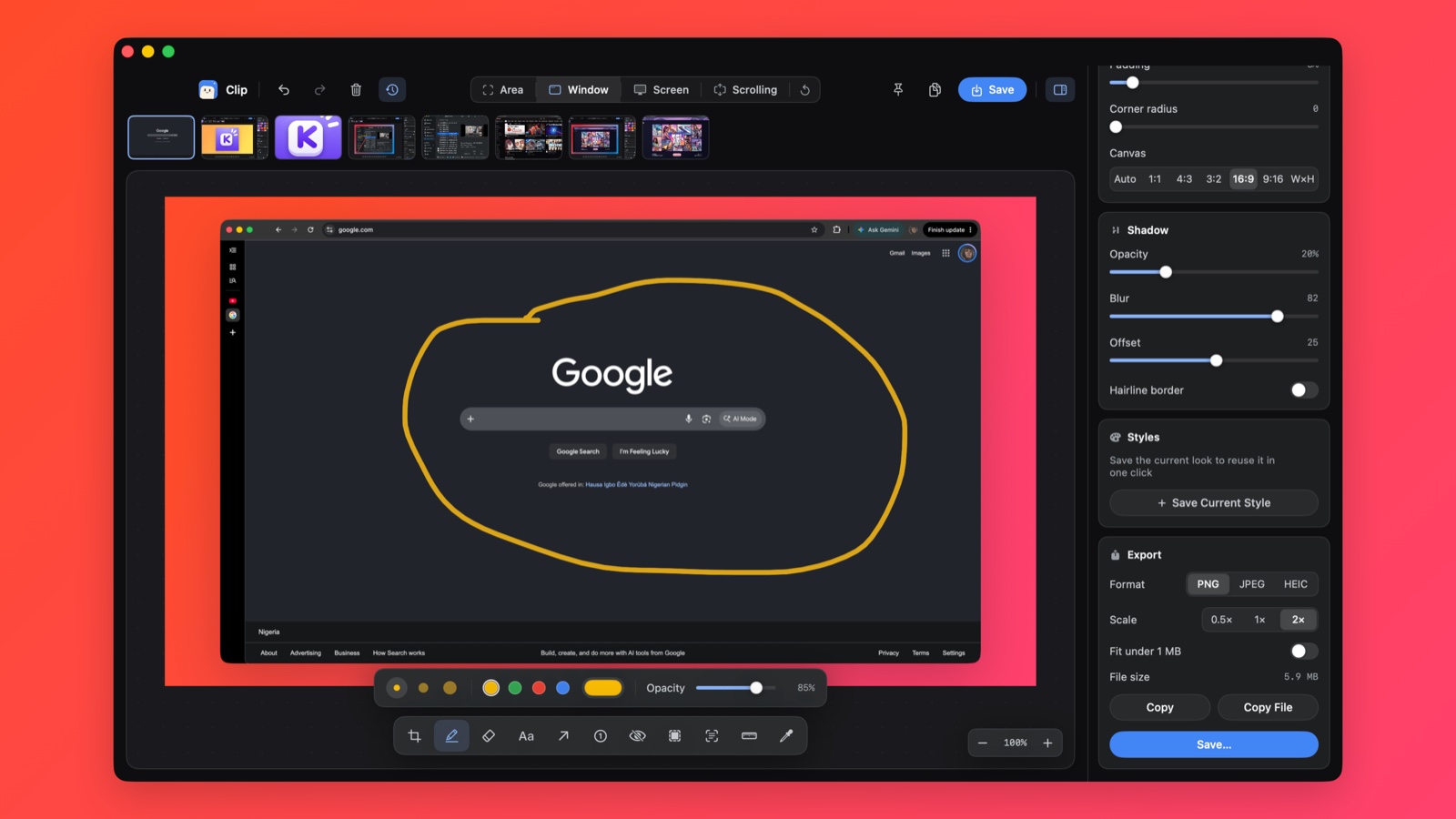 The Clip editor with the export panel open and a hand-drawn circle around the Google logo