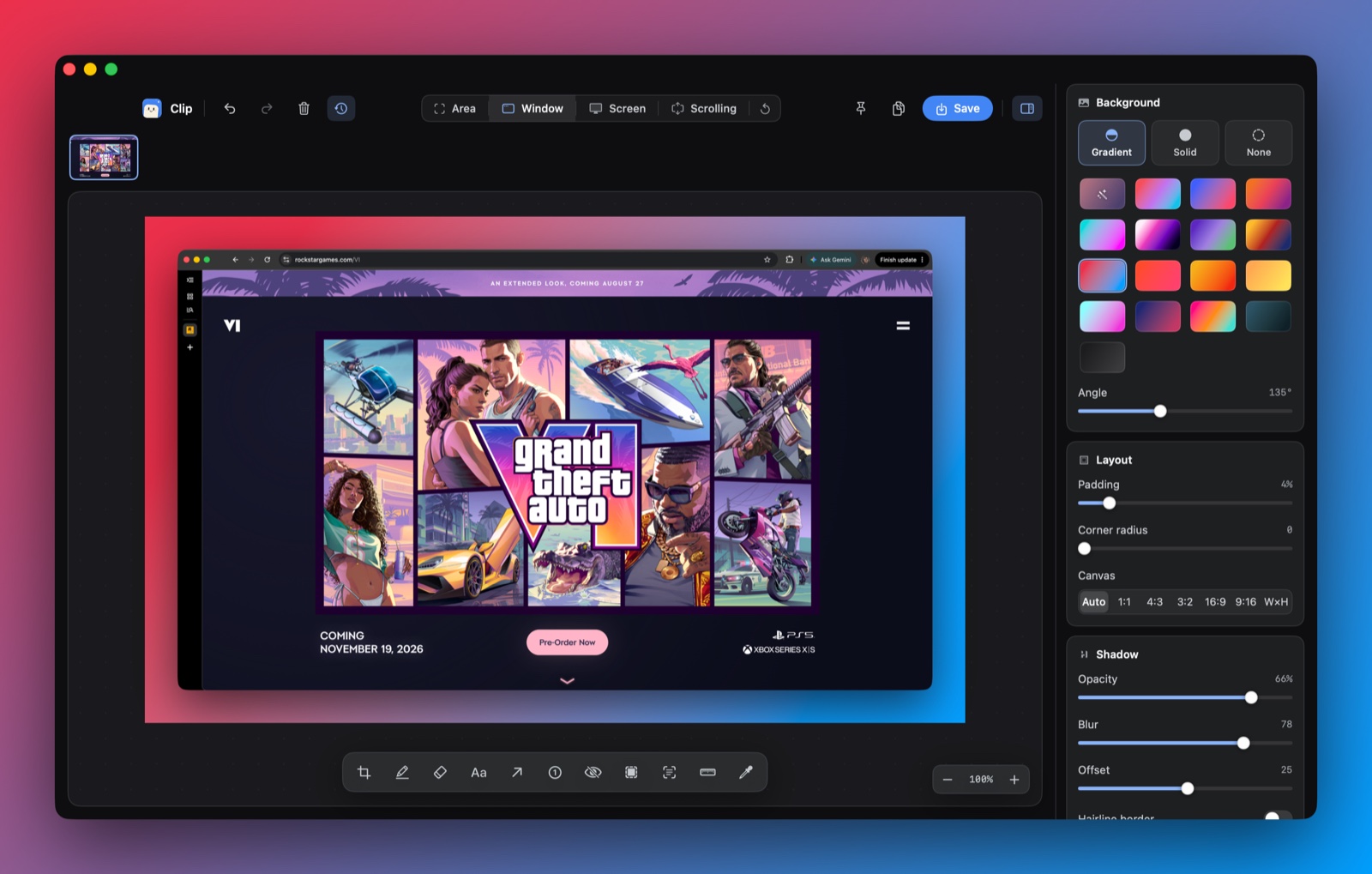 The Clip editor styling an app icon on an orange and yellow gradient canvas