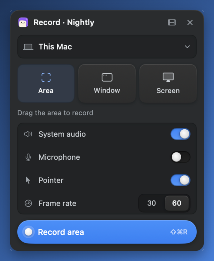 Clip's floating record panel with area, window, and screen options, switches for system audio, microphone, and pointer, and a Record area button