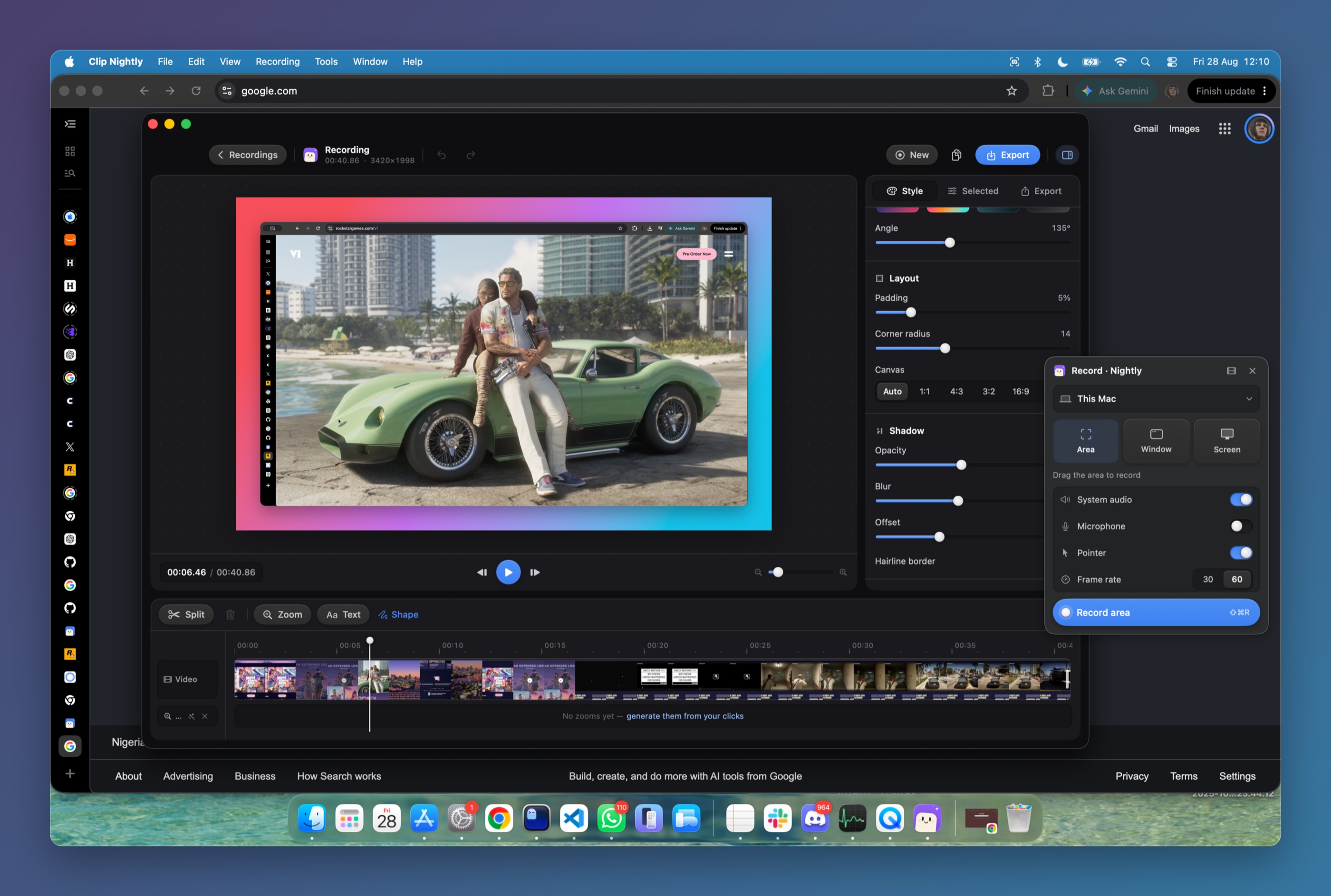 Clip's recording editor with a video on a gradient canvas, a timeline with the filmstrip below it, and the style panel on the right